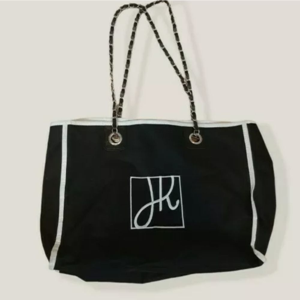 Joseph Ribkoff Canvas Chain Strap Tote Bag Carry All Purse Embroidered Black - Picture 2 of 2